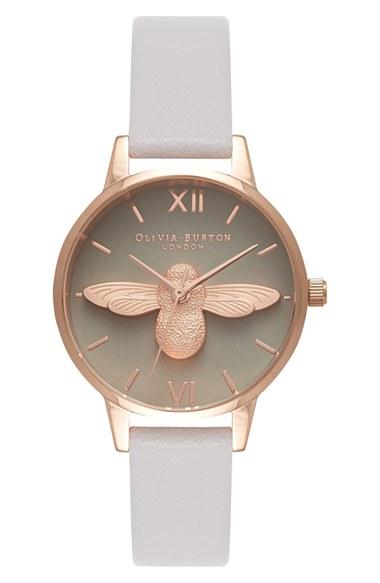 Women's Olivia Burton Molded Bee Leather Strap Watch, 30mm