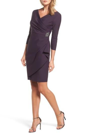 Petite Women's Alex Evenings Embellished Ruched Sheath Dress P - Purple