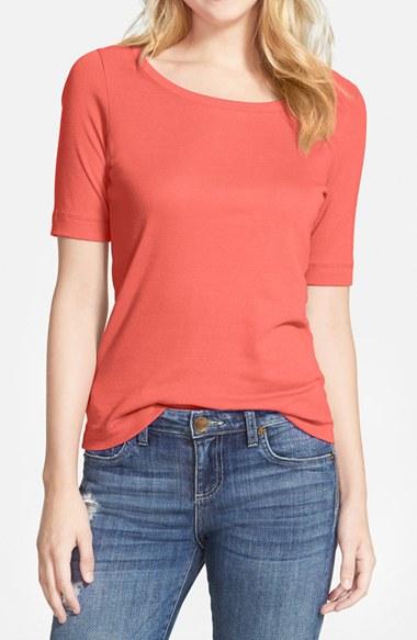 Petite Women's Caslon Ballet Neck Cotton & Modal Knit Elbow Sleeve Tee P - Coral