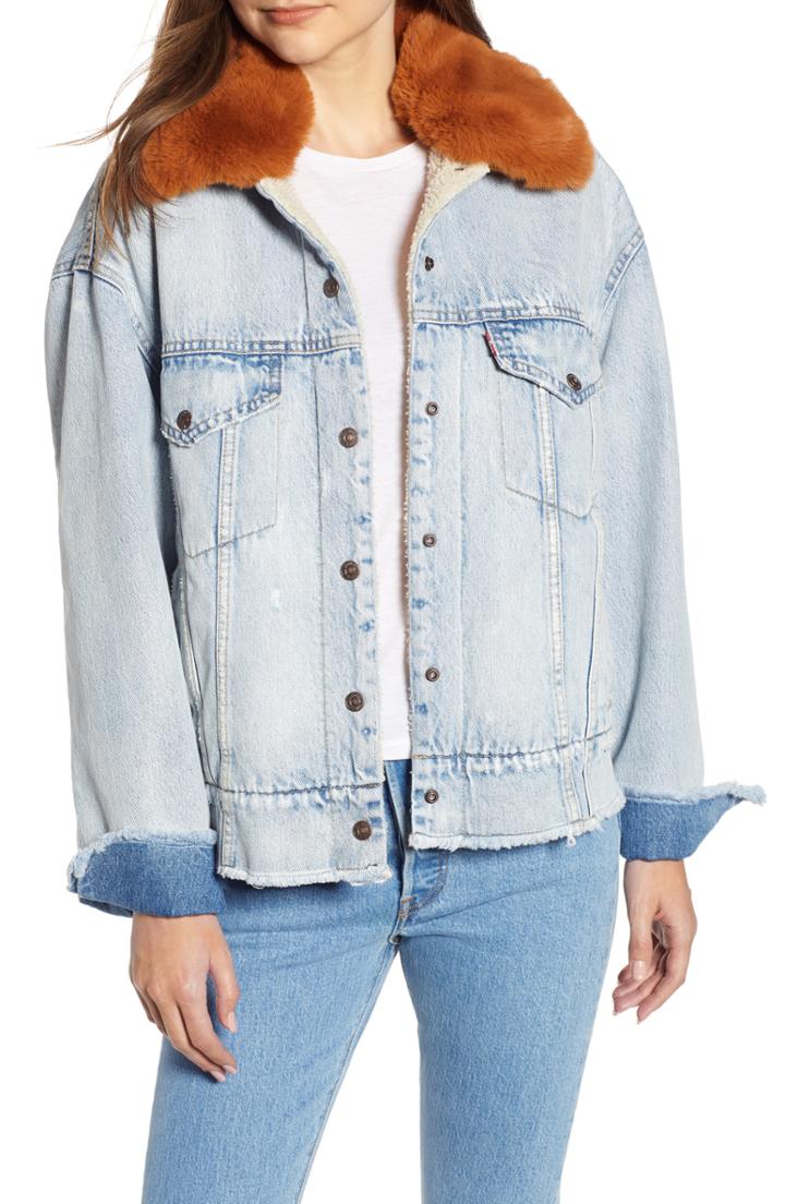 Women's Levi's Oversize Faux Shearling Lined Denim Trucker Jacket With Removable Faux Fur Collar