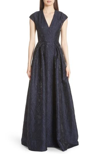 Women's Carmen Marc Valvo Couture Metallic Floral Jacquard Ballgown - Blue