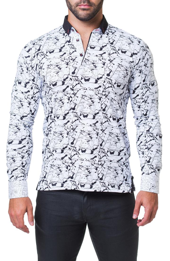 Men's Maceoo Newton Haring Trim Fit Print Long Sleeve Polo (m) - White