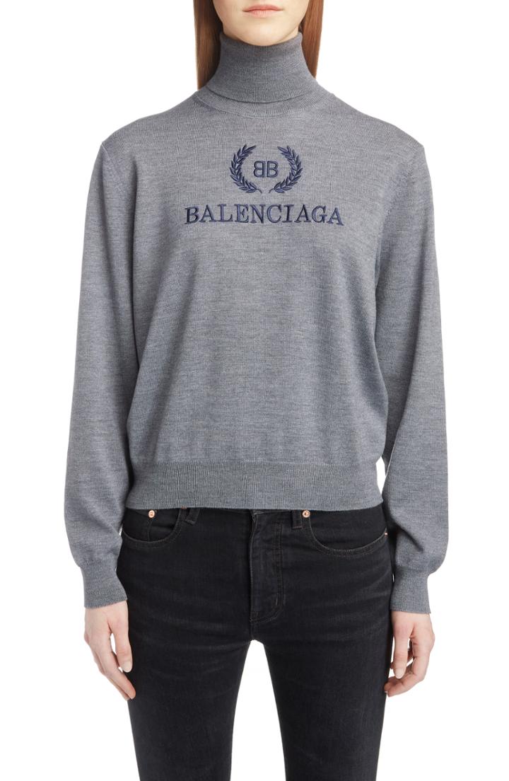 Women's Balenciaga Embroidered Wreath Logo Wool & Cashmere Blend Sweater