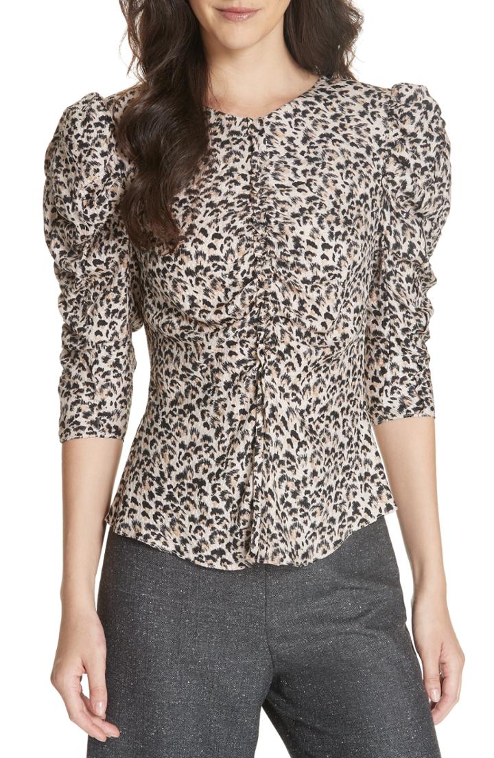 Women's Rebecca Taylor Leopard Print Ruched Silk Blouse