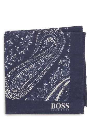 Men's Boss Paisley Cotton & Wool Pocket Square, Size - Blue
