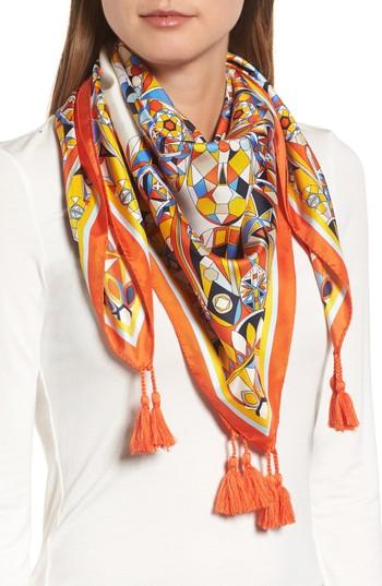 Women's Tory Burch Psychedelic Geo Tasseled Silk Scarf, Size - Orange
