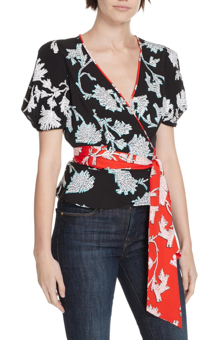 Women's Dvf Justine Contrast Detail Wrap Blouse - Black