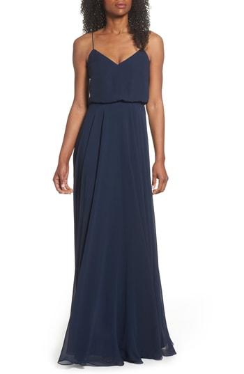 Women's Jenny Yoo Inesse Chiffon V-neck Spaghetti Strap Gown (similar To 14w) - Blue