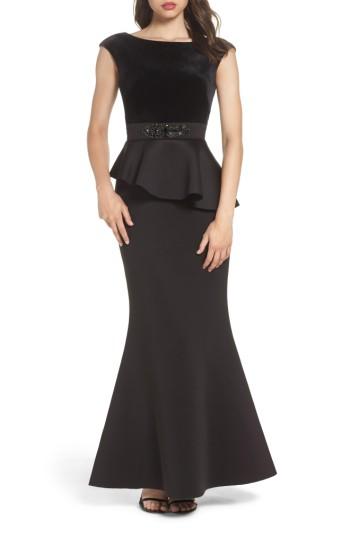 Women's Eliza J Cap Sleeve Mixed Media Peplum Gown