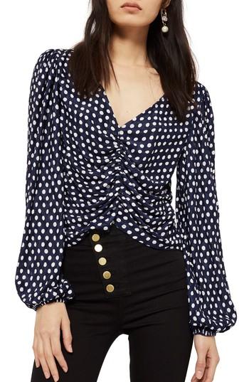 Women's Topshop Spot Swirl Plisse Top Us (fits Like 0) - Blue