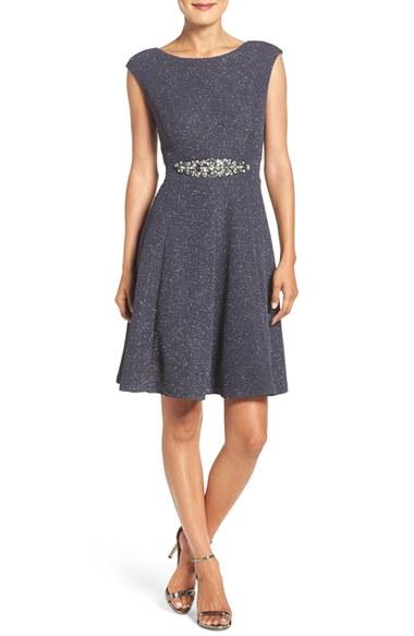Women's Eliza J Embellished Glitter Knit Fit & Flare Dress - Grey