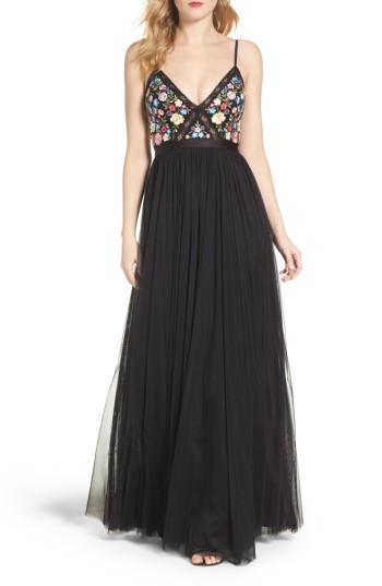 Women's Needle & Thread Flower Foliage Tulle Gown - Black