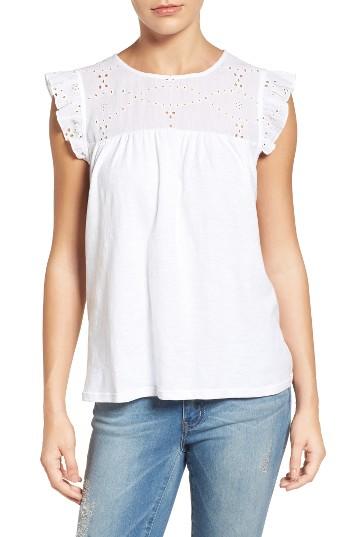 Women's Caslon Eyelet Embroidered Flutter Sleeve Top - White