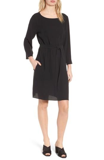 Women's Eileen Fisher Bateau Neck Silk Dress, Size - Black