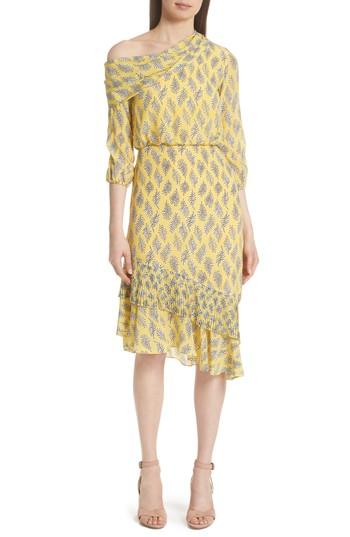 Women's Saloni Lexie Floral Print Silk Off The Shoulder Dress - Yellow