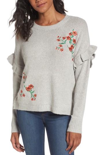 Women's Woven Heart Girls Ruffle Sleeve Embroidered Sweater - Grey