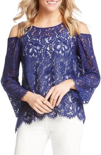Women's Karen Kane Cold Shoulder Eyelash Lace Blouse - Blue
