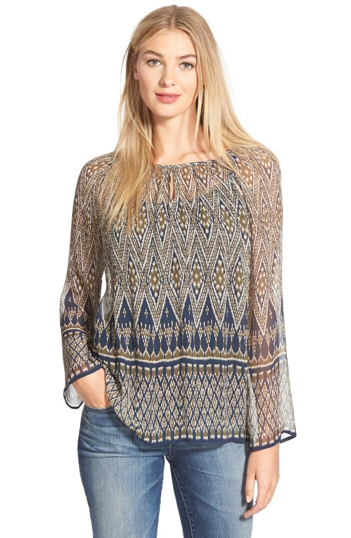 Women's Lucky Brand Sheer Ikat Print Chiffon Blouse - Green
