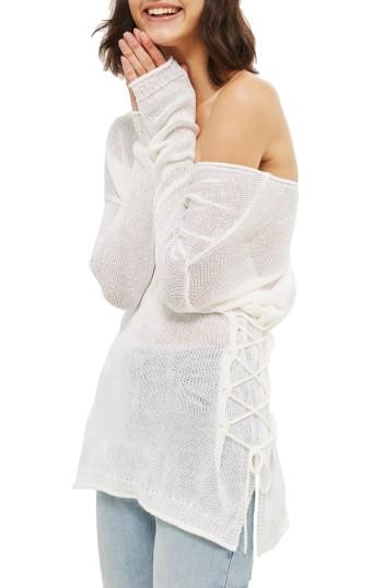 Women's Topshop Lattice Side Longline Sweater Us (fits Like 0-2) - Ivory