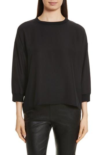Women's Vince Rib Trim Silk Top - Black