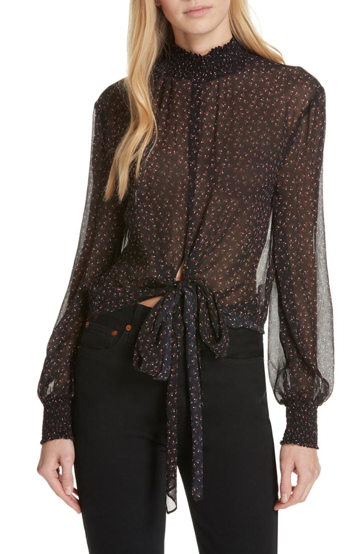 Women's Nicholas Ditsy Rose Silk Tie Hem Blouse - Pink
