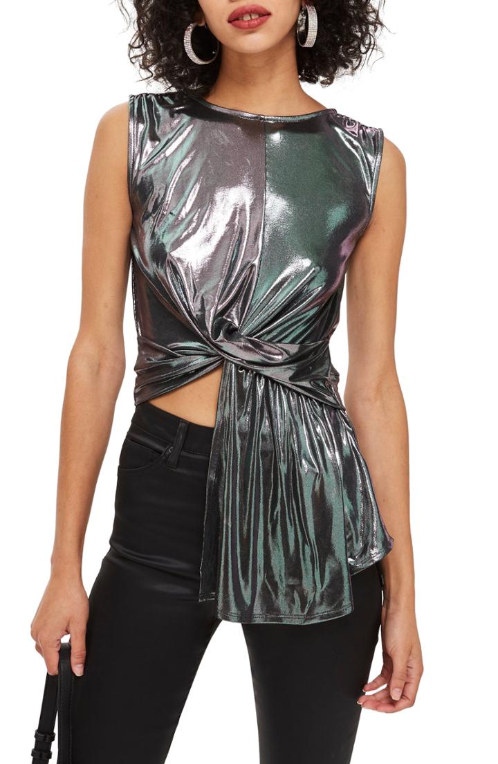 Women's Topshop Asymmetrical Twist Detail Top Us (fits Like 0-2) - Metallic