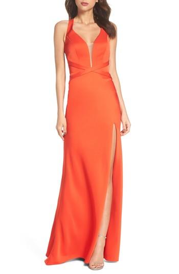 Women's La Femme Plunge Neck Satin Gown - Red