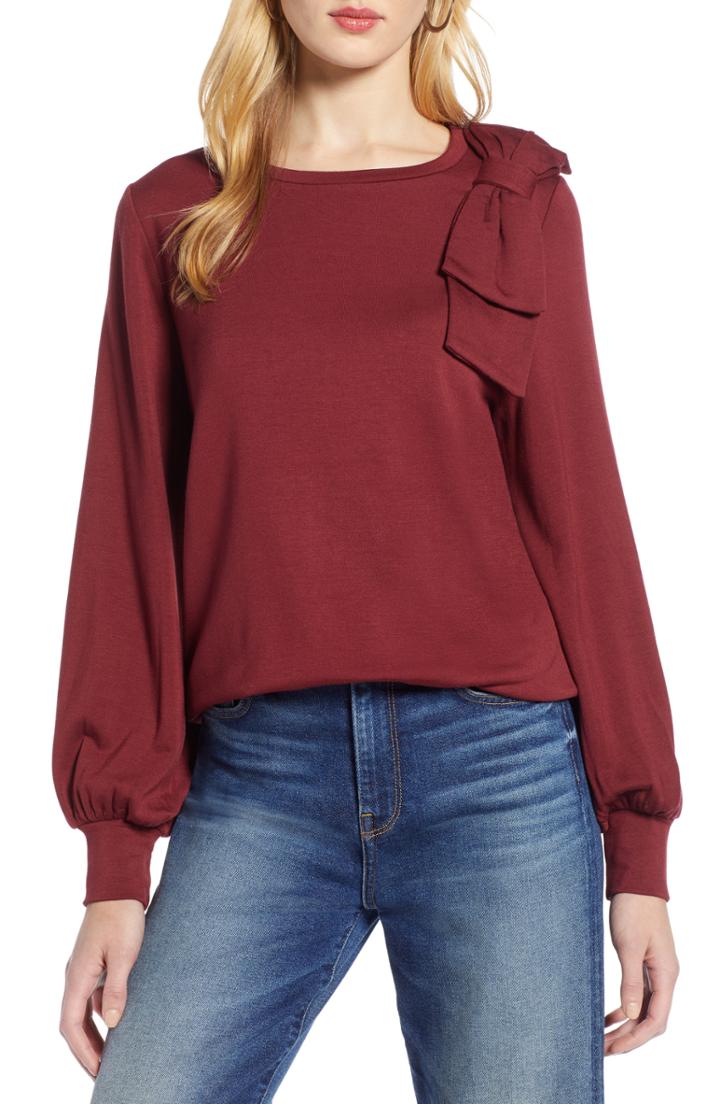 Women's Halogen Bow Trim Sweatshirt - Burgundy