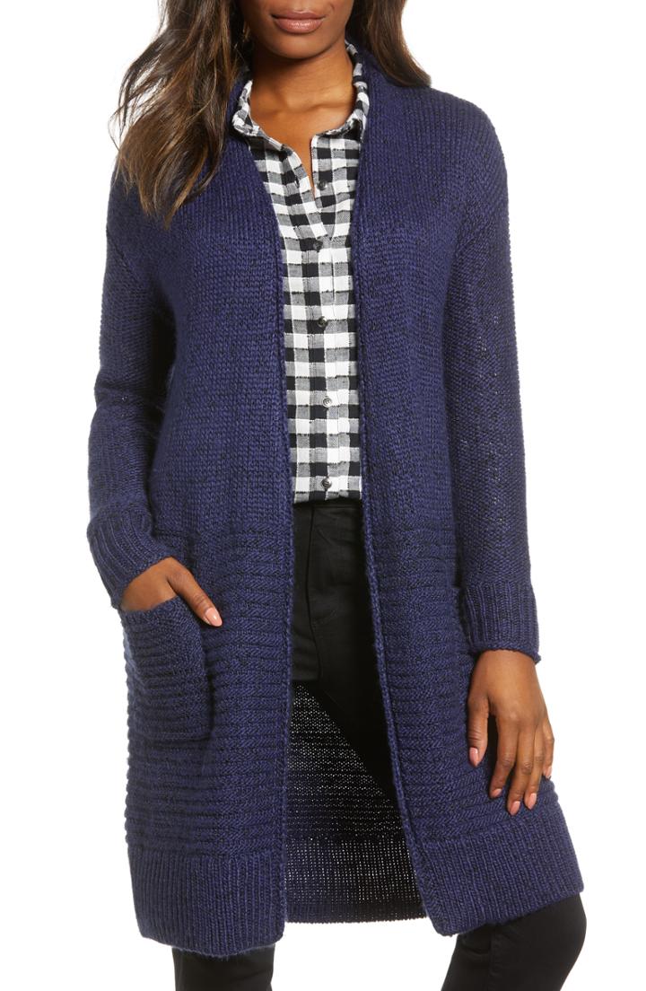 Petite Women's Caslon Mixed Stitch Long Cardigan, Size P - Blue