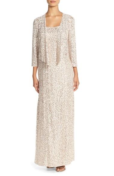Women's Alex Evenings Sequin Embroidered Mesh A-line Gown & Jacket - Beige