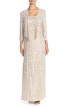 Women's Alex Evenings Sequin Embroidered Mesh A-line Gown & Jacket - Beige