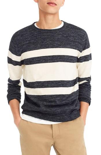 Men's J.crew Multistripe Cotton & Linen Blend Crewneck Sweater - Blue