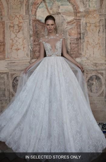 Women's Alon Livne White Terri Beaded Illusion Lace Ballgown, Size In Store Only - Ivory