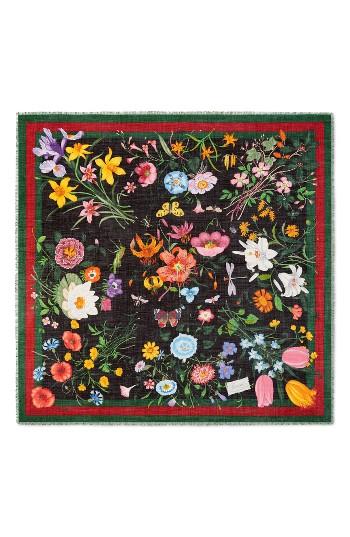 Women's Gucci Flora Web Print Wool & Silk Scarf, Size - Black
