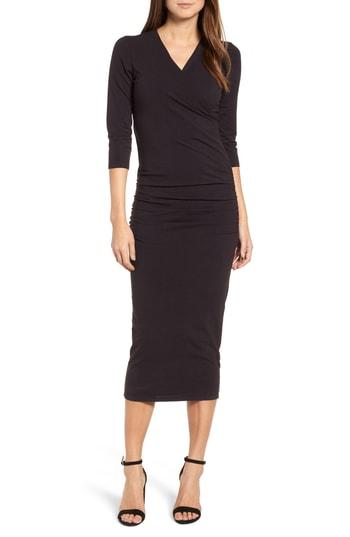 Women's Michael Stars Ruched Surplice Stretch Cotton Body-con Dress - Black