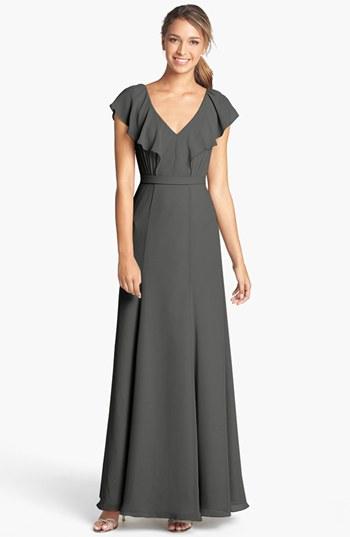 Women's Jenny Yoo 'cecilia' Ruffled V-neck Chiffon Long Dress - Grey (online Only)