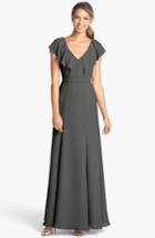 Women's Jenny Yoo 'cecilia' Ruffled V-neck Chiffon Long Dress - Grey (online Only)