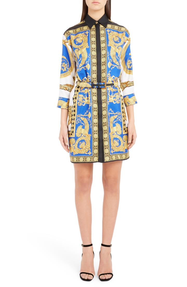 Women's Versace Baroque Leopard Print Belted Silk Shirtdress