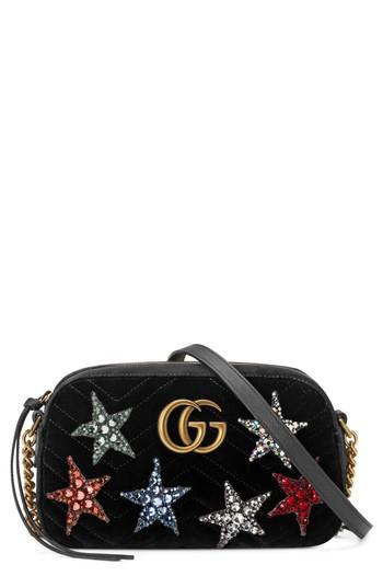 Gucci Small Gg Marmont 2.0 Crystal Stars Velvet Shoulder Bag - Black