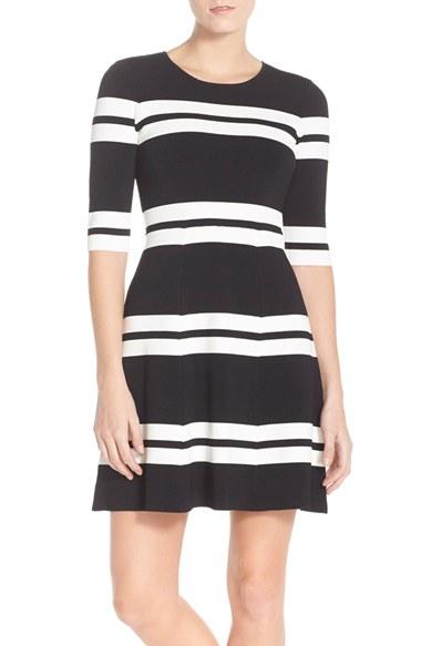 Women's Eliza J Stripe Sweater Fit & Flare Dress - Black