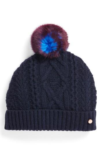 Women's Ted Baker London Cable Knit Faux Fur Pompom Beanie - Blue