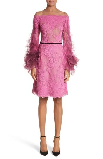 Women's Marchesa Off The Shoulder Illusion Ruffle Sleeve Lace Dress - Coral