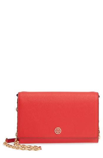 Women's Tory Burch Robinson Leather Wallet On A Chain - Orange