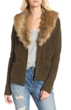 Women's Hinge Faux Fur Collar Cardigan, Size - Green