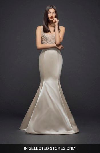Women's Lazaro Beaded Bodice Satin Mermaid Gown, Size In Store Only - Ivory