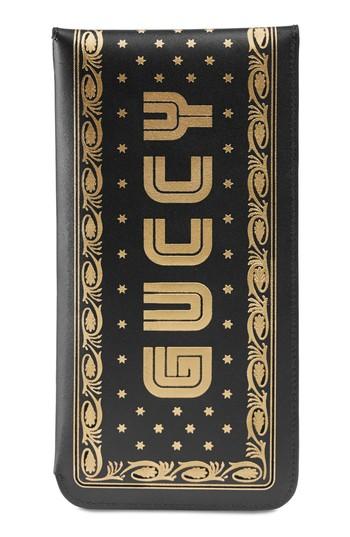 Gucci Guccy Logo Moon & Stars Leather Glasses Case - Black