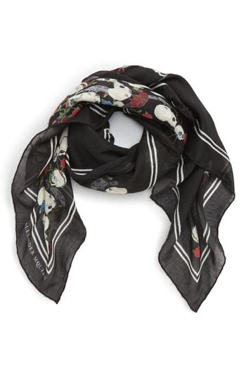 Men's Alexander Mcqueen Skull With Floral Motif Scarf, Size - Black