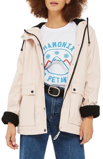 Women's Topshop Hooded Raincoat With Faux Fur Trim Us (fits Like 10-12) - Pink