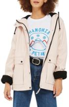 Women's Topshop Hooded Raincoat With Faux Fur Trim Us (fits Like 10-12) - Pink