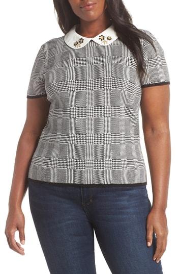 Women's Cece Embellished Collar Check Cotton Blend Sweater - Black
